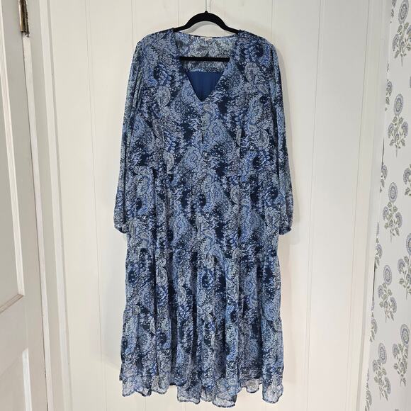 Joie Blue Bohemian Dress Tiered Maxi Chiffon Paisley Long Sleeve Size XXL - Picture 1 of 9